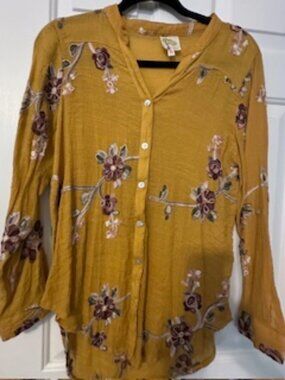 Fig and Flower Sheer embroidered long sleeve button down Sz M